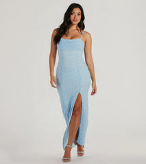 Klara Cowl Neck Faux Pearl Bead Column Dress