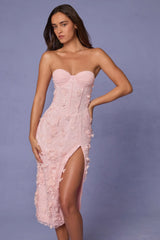 Lace-Up Corset Midaxi Dress with Split in Soft Pink